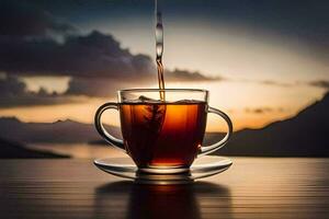 il tè tazza è pieno con tè e il sole è ambientazione al di sopra di il montagne. ai-generato foto