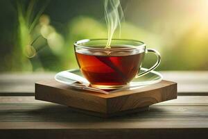 un' tazza di tè su un' di legno tavolo. ai-generato foto