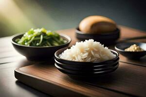 tre ciotole di riso sedersi su un' di legno tavolo. ai-generato foto