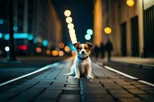 un' cane seduta su il strada a notte. ai-generato foto