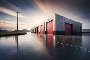 un' grande industriale edificio con rosso porte. ai-generato foto