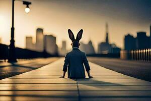 un' coniglio indossare un' completo da uomo e cravatta si siede su un' ponte. ai-generato foto