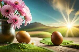 Pasqua uova nel un' vaso con fiori su un' erboso tavolo. ai-generato foto