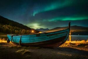 il barca nel il lago sotto il aurora boreale. ai-generato foto