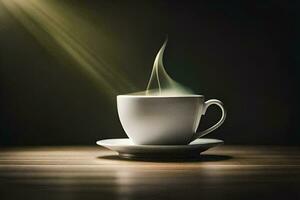 un' tazza di caffè su un' tavolo con un' leggero splendente a partire dal dietro. ai-generato foto
