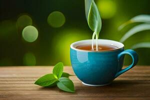 un' tazza di tè con un' foglia. ai-generato foto