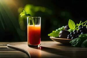 un' bicchiere di succo con frutta e le foglie su un' tavolo. ai-generato foto