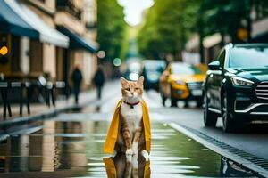 un' gatto indossare un' giallo capo su un' piovoso strada. ai-generato foto