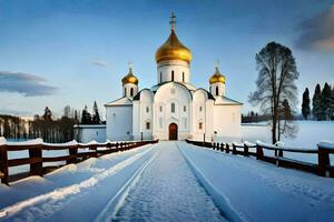 un' bianca Chiesa con d'oro cupole nel il neve. ai-generato foto