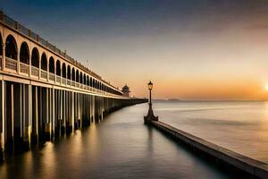 il sole imposta al di sopra di il molo a tramonto. ai-generato foto