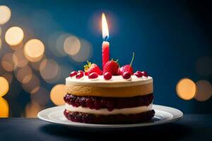 un' compleanno torta con un' illuminato candela. ai-generato foto
