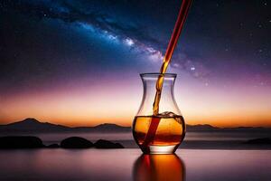 un' bicchiere di whisky con un' latteo cielo nel il sfondo. ai-generato foto