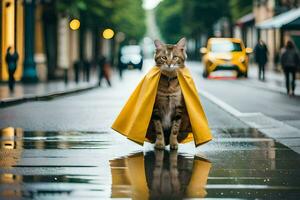 un' gatto indossare un' giallo capo su un' piovoso strada. ai-generato foto