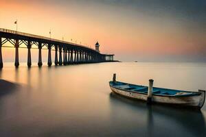 un' barca si siede su il riva a tramonto. ai-generato foto