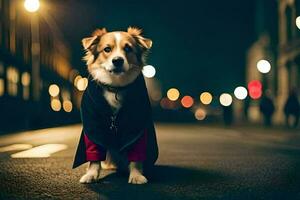 un' cane indossare un' rosso cappotto e in piedi su il strada a notte. ai-generato foto