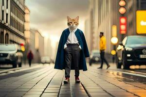un' gatto indossare un' cappotto e cravatta in piedi su un' strada. ai-generato foto