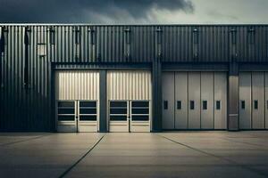 un' grande industriale edificio con Due grande porte. ai-generato foto