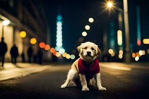 un' cane indossare un' rosso giacca seduta su il strada a notte. ai-generato foto