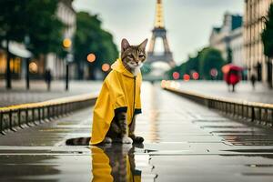 un' gatto nel un' giallo impermeabile in piedi su un' bagnato strada. ai-generato foto