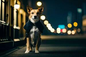 un' cane in piedi su il strada a notte. ai-generato foto