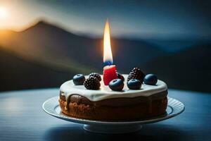 un' compleanno torta con un' singolo candela su superiore. ai-generato foto