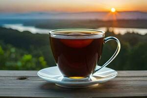 un' tazza di tè su un' di legno tavolo con un' Visualizza di il tramonto. ai-generato foto