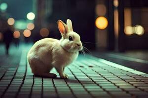 un' bianca coniglio è seduta su il strada a notte. ai-generato foto