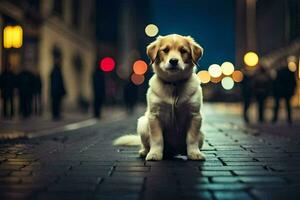 un' cane seduta su il strada a notte. ai-generato foto