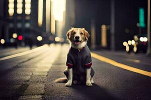 un' cane seduta su il strada nel il mezzo di il notte. ai-generato foto