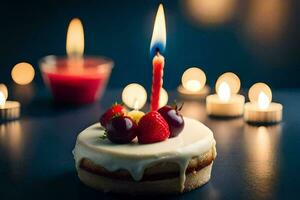 un' piccolo torta con un' candela su superiore. ai-generato foto