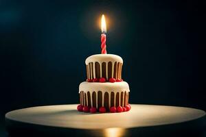 un' piccolo compleanno torta con un' illuminato candela. ai-generato foto