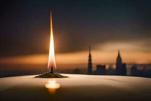 un' singolo candela è illuminato nel davanti di un' città orizzonte. ai-generato foto