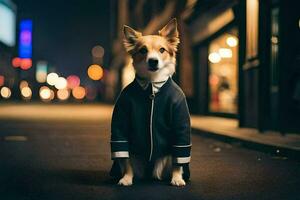 un' cane indossare un' giacca e cravatta seduta su il strada a notte. ai-generato foto