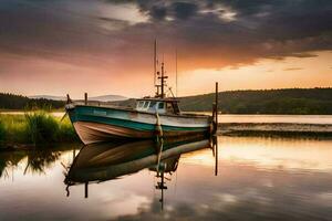 un' barca si siede su il riva a tramonto. ai-generato foto