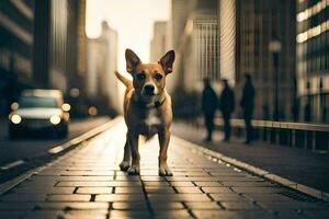un' cane è in piedi su un' strada nel il città. ai-generato foto