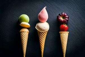 tre ghiaccio crema coni con diverso tipi di frutta. ai-generato foto