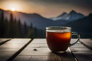 un' tazza di tè su un' di legno tavolo nel il montagne. ai-generato foto