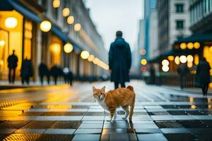 un' gatto a piedi su un' città strada a notte. ai-generato foto