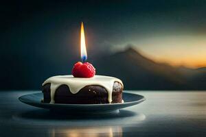 un' piccolo torta con un' singolo candela su superiore. ai-generato foto