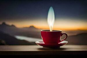 un' rosso tazza di caffè su un' tavolo con un' Visualizza di il montagne. ai-generato foto