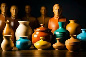 un' gruppo di colorato vasi e vasi con persone nel il sfondo. ai-generato foto