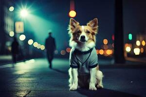 un' cane indossare un' camicia su il strada a notte. ai-generato foto