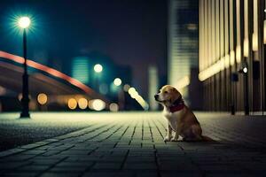 un' cane seduta su il marciapiede a notte. ai-generato foto