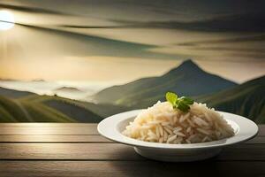 un' piatto di riso con un' montagna Visualizza. ai-generato foto
