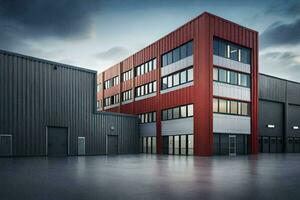 un' grande industriale edificio con rosso e grigio muri. ai-generato foto