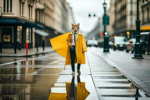 un' Volpe indossare un' giallo cappotto e ombrello su un' piovoso strada. ai-generato foto