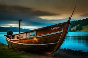 un' barca si siede su il riva di un' lago. ai-generato foto