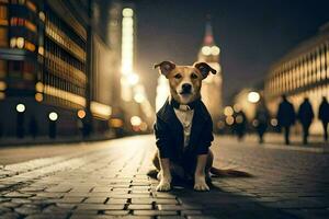 un' cane nel un' completo da uomo seduta su il terra nel un' città. ai-generato foto