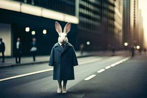 un' coniglio nel un' completo da uomo e cravatta in piedi su un' città strada. ai-generato foto