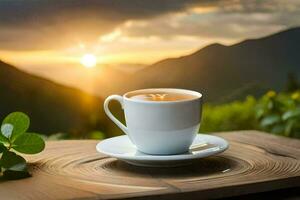 un' tazza di tè su un' montagna superiore. ai-generato foto